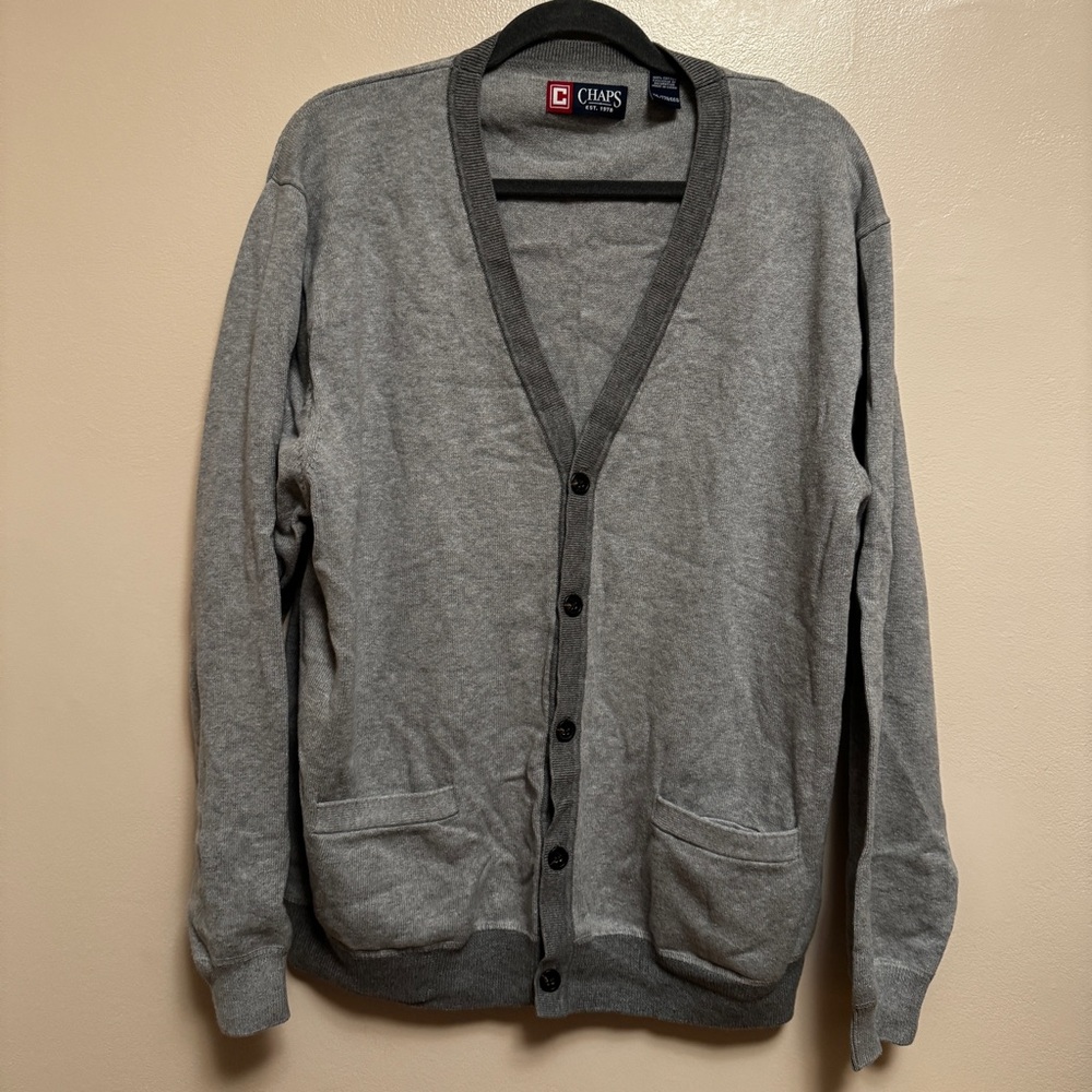 Chaps Sweater Mens Large Gray Cardigan Long Sleeve Pockets Casual Comfort